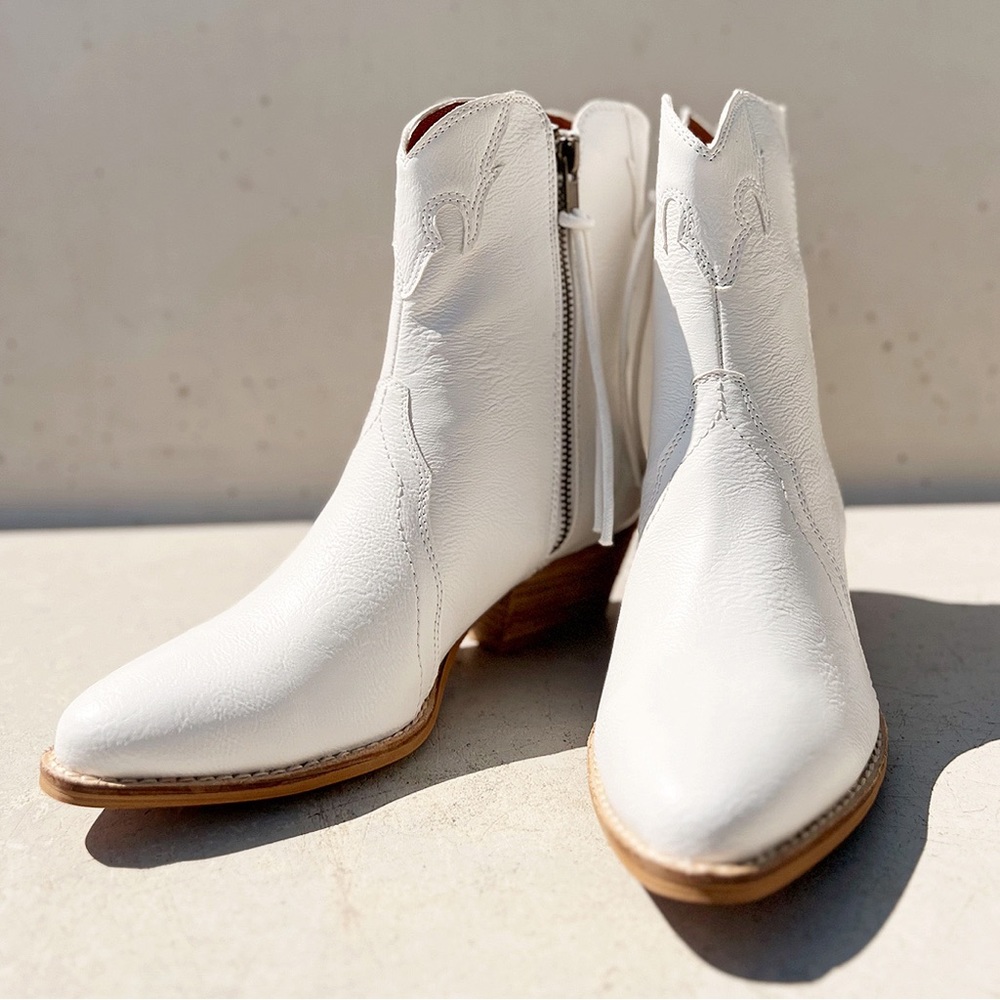 NEW Pointy Toe Stack Block Heel Zip Up Western Ankle Booties Boots Off White - Picture 2 of 15